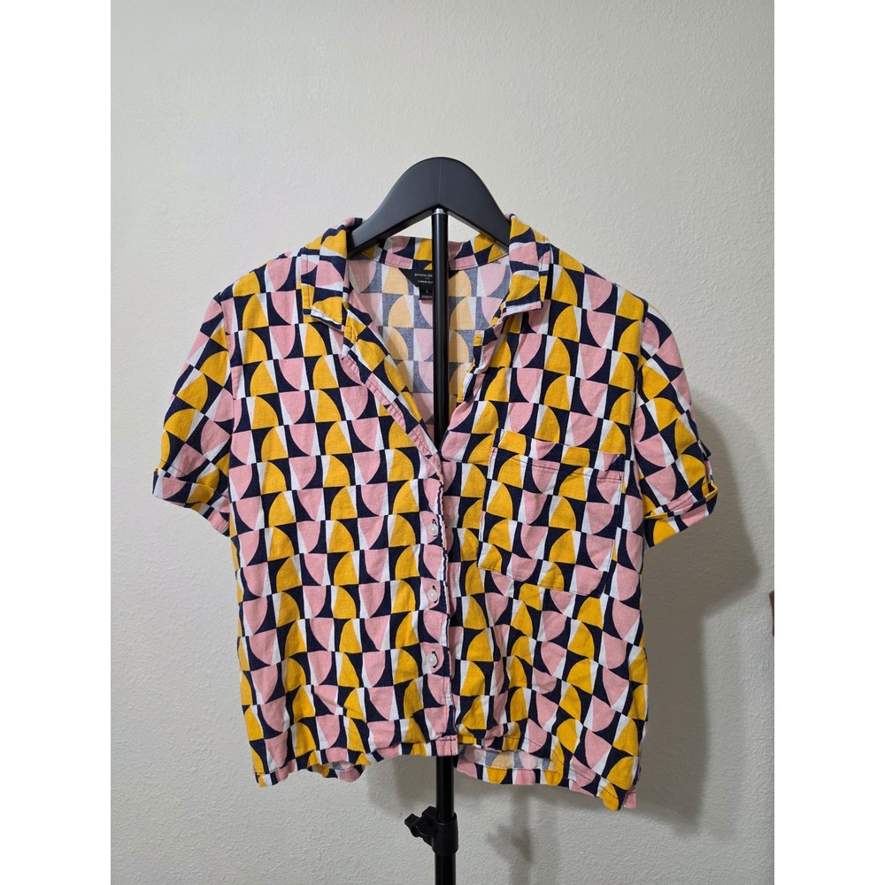 Banana Republic Linen Blend Geometric Abstract Print Camp Collar Shirt Small